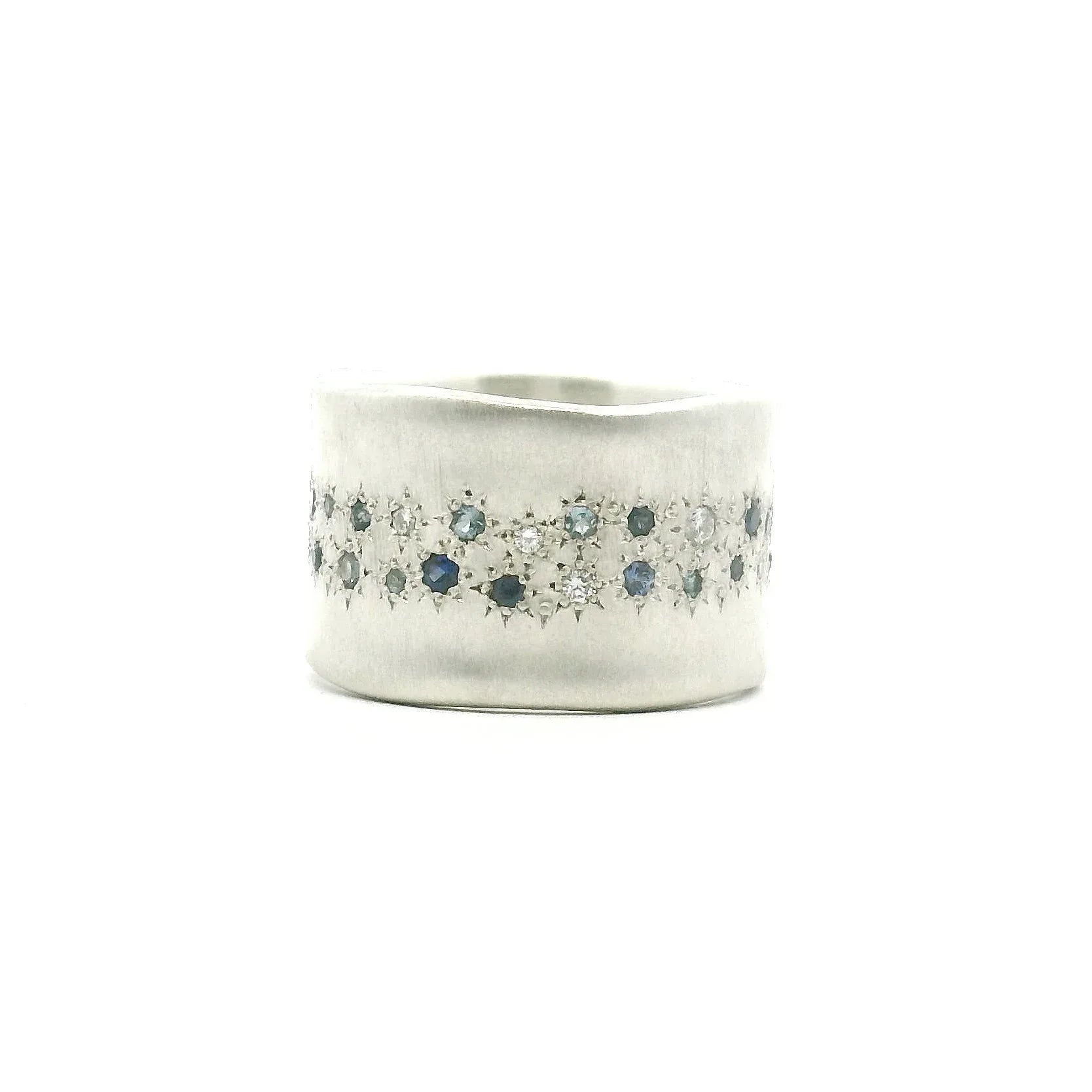 Wide Sterling Silver, Sapphire, Aqua and Diamond Band