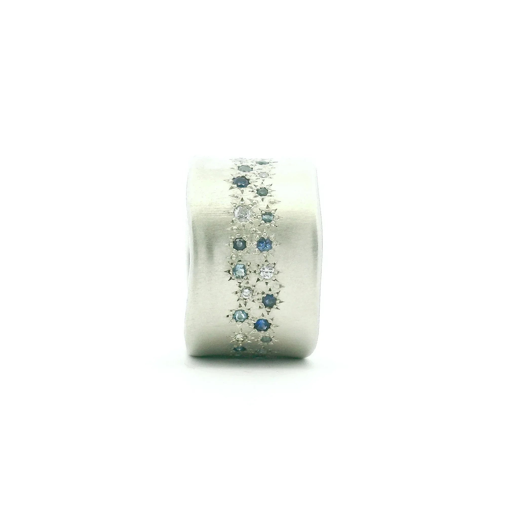 Wide Sterling Silver, Sapphire, Aqua and Diamond Band