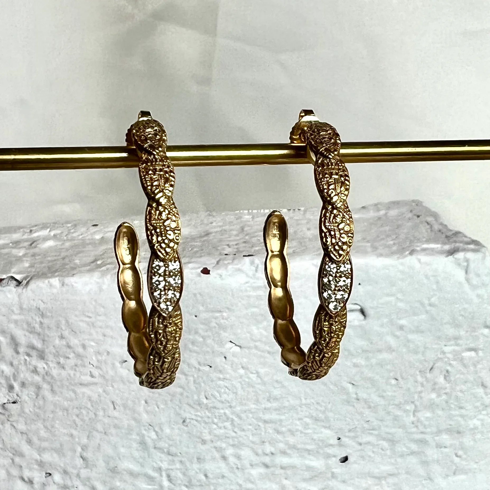 Yellow Gold Pave Leaf Diamond Hoops