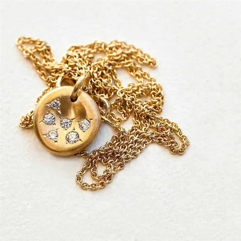 Organic Yellow Gold and Diamond Round Pendant