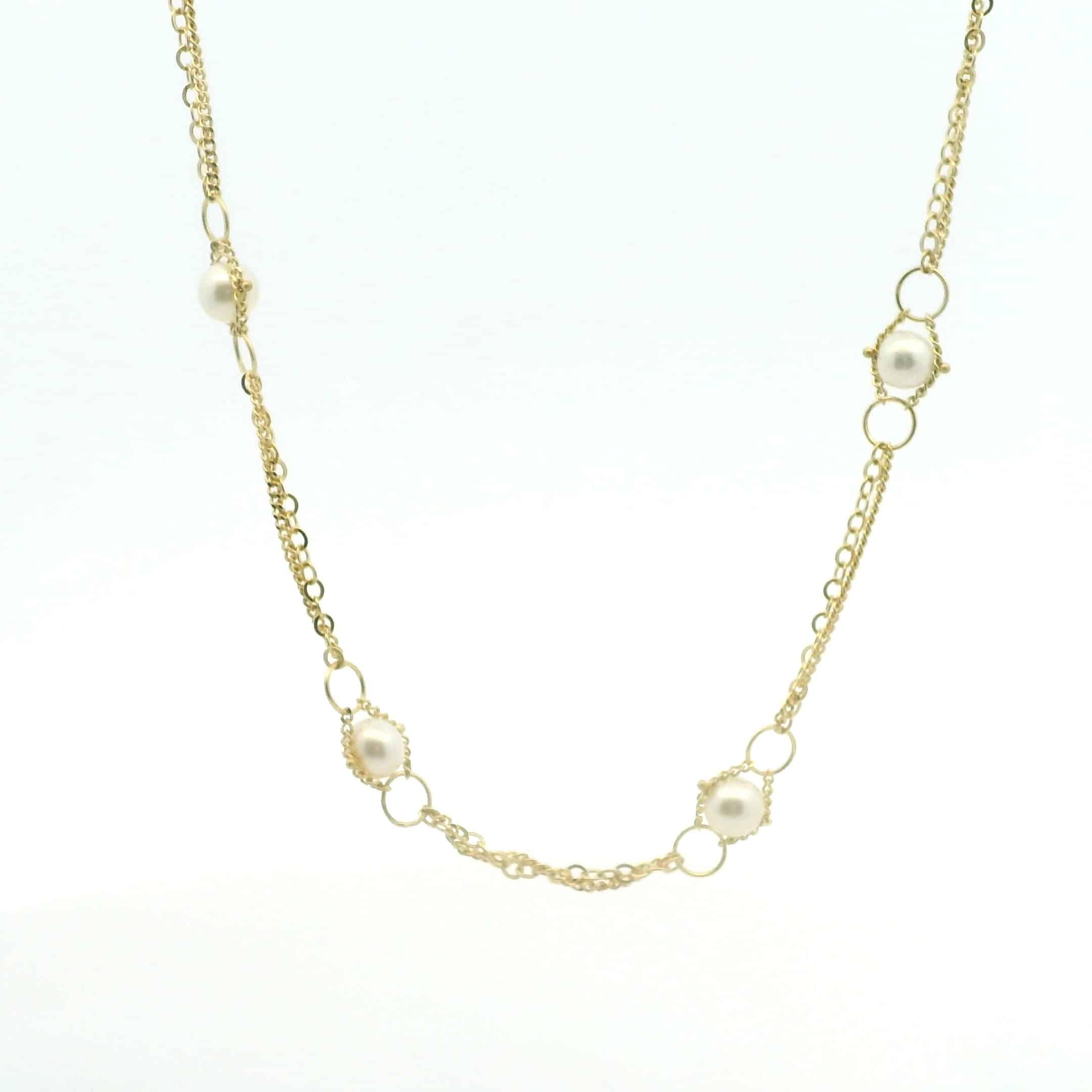 Yellow Gold Pearl Station Necklace