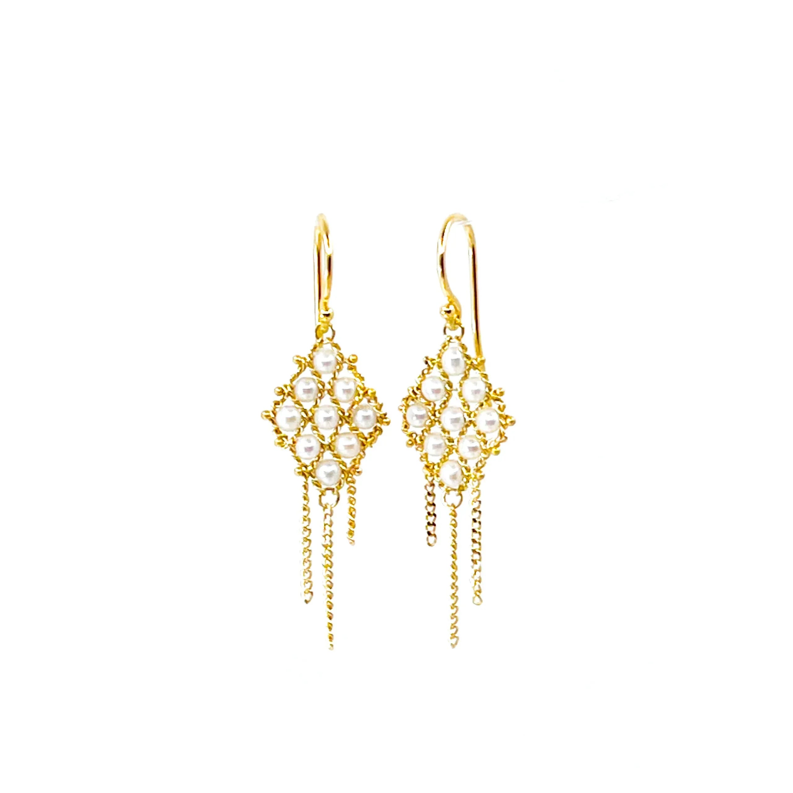 Yellow Gold Pearl Tassel Drop Earrings