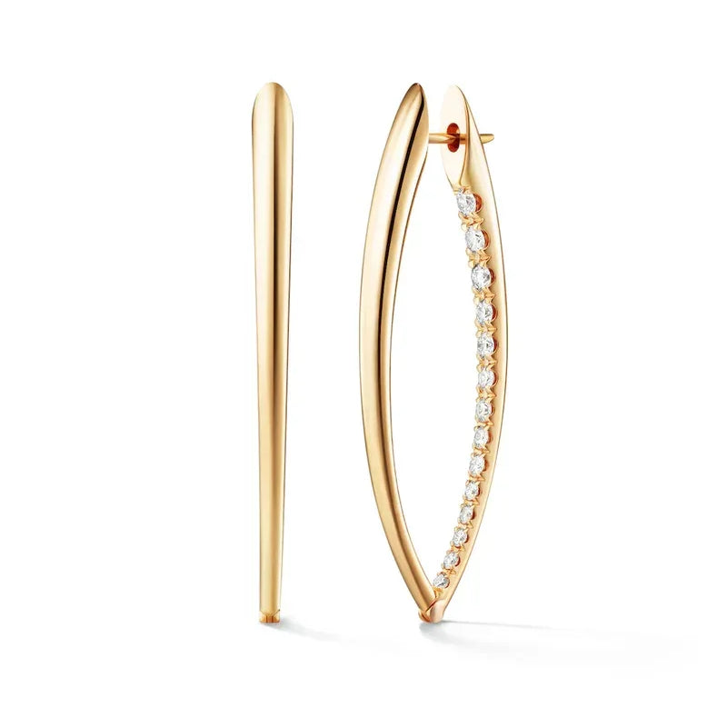 A pair of marquise-shaped Yellow Gold and Diamond Hinged Hoop Earrings. One earring shows a side view with a row of sparkling diamonds; the other displays the front of the diamond hoop.
