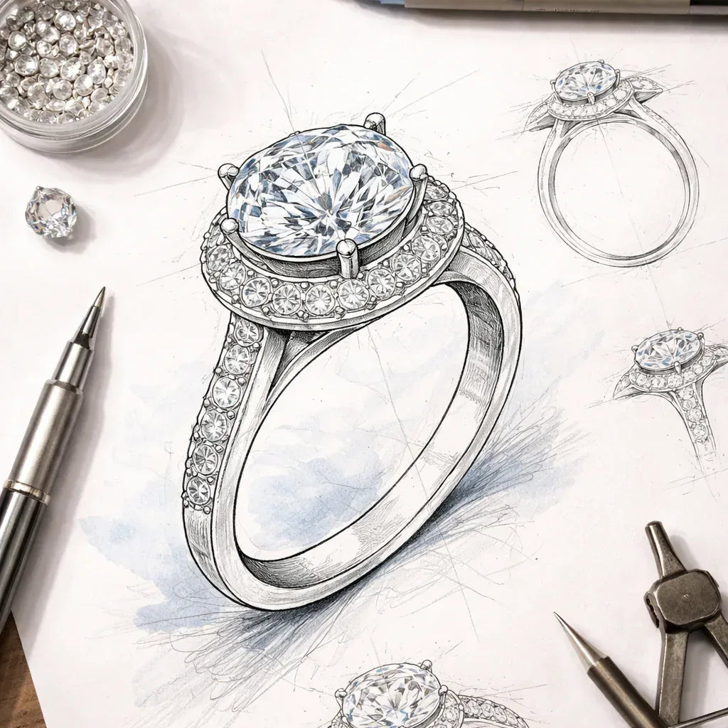 Diamond ring design on paper with drafting tools