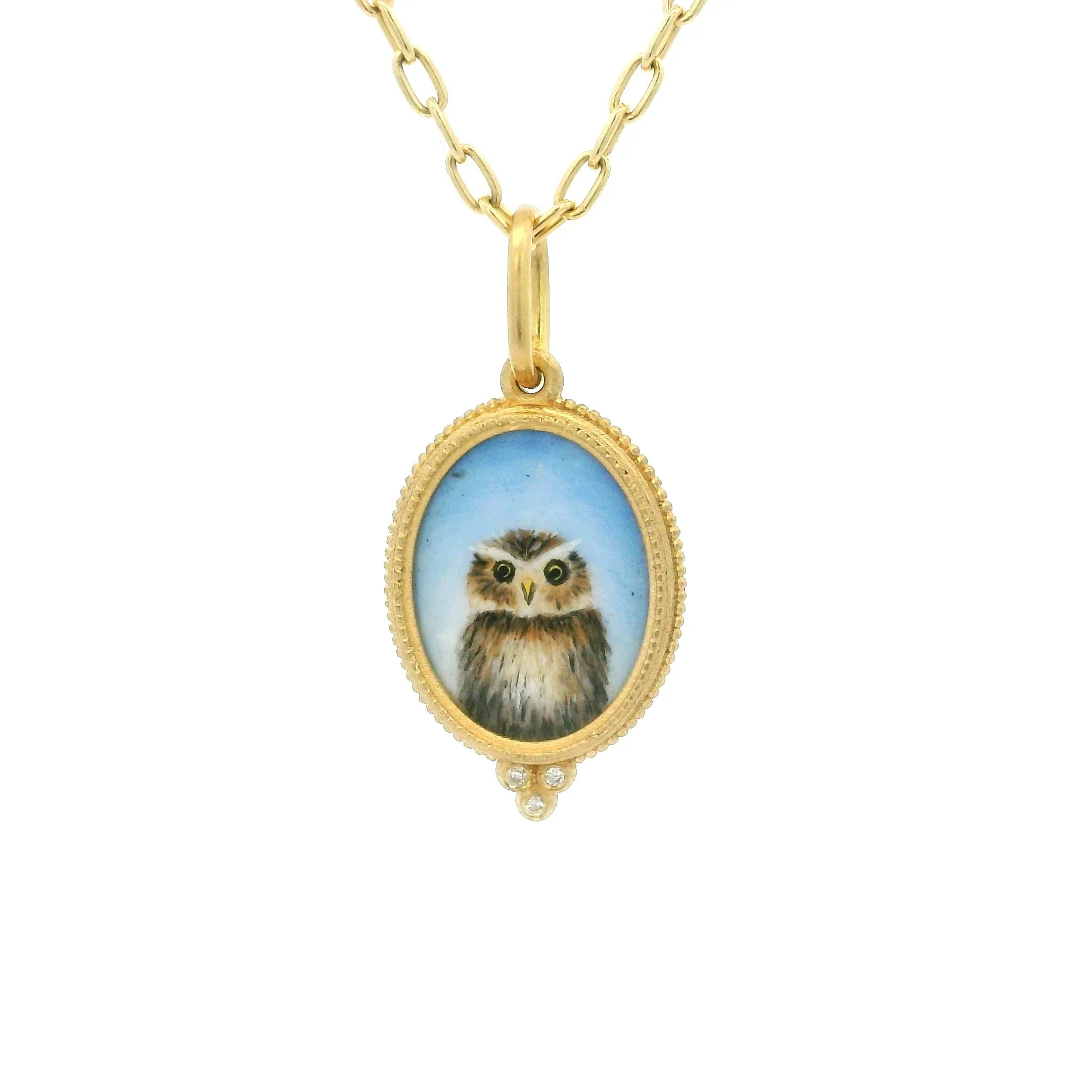 18 Karat Yellow Gold Hand Painted Baby Owl Charm