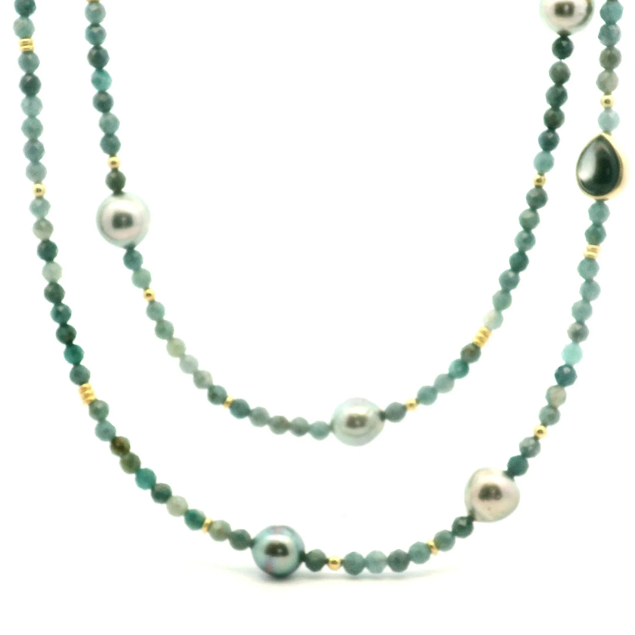 Yellow Gold Multi Color Tourmaline and Tahitian Pearl Necklace