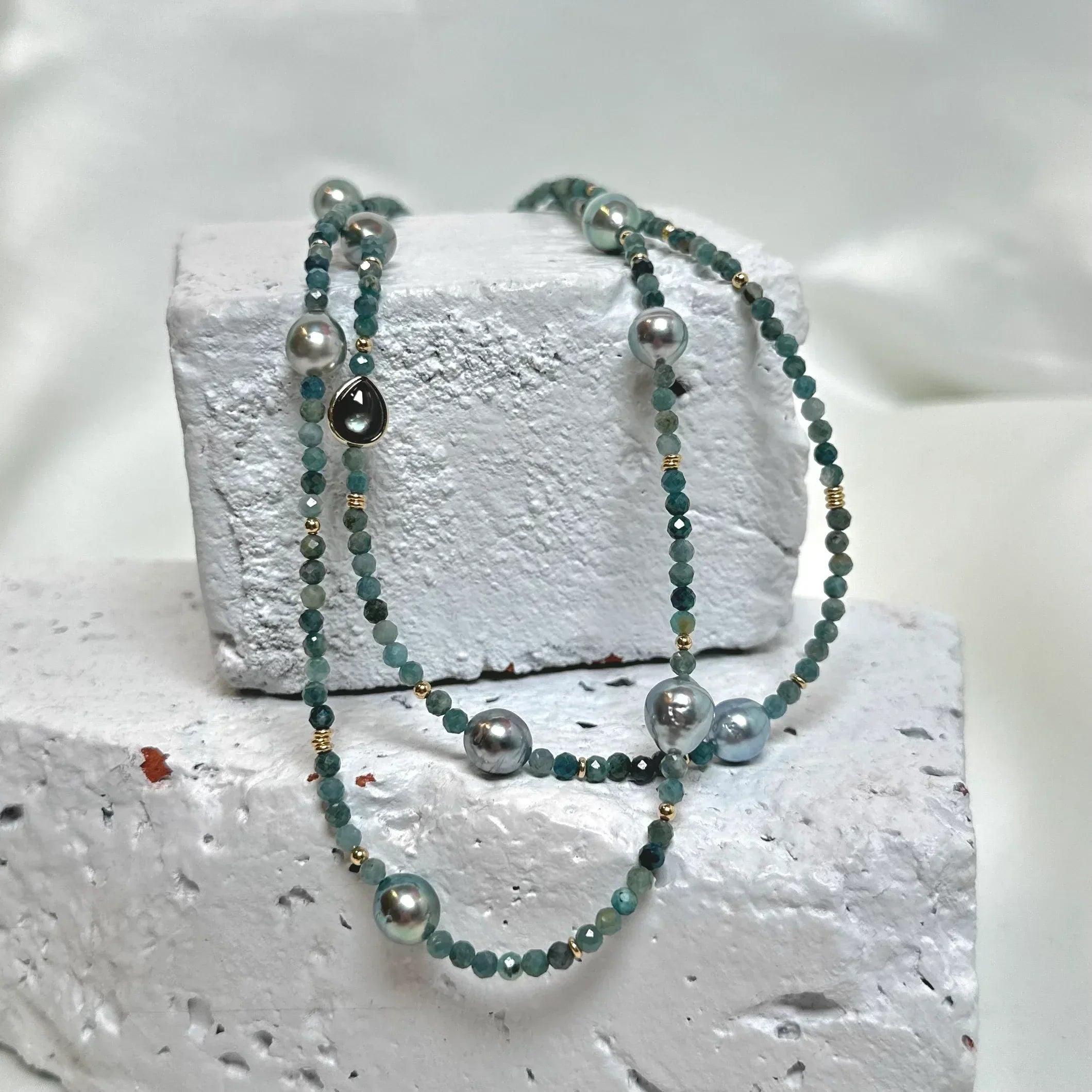 Yellow Gold Multi Color Tourmaline and Tahitian Pearl Necklace