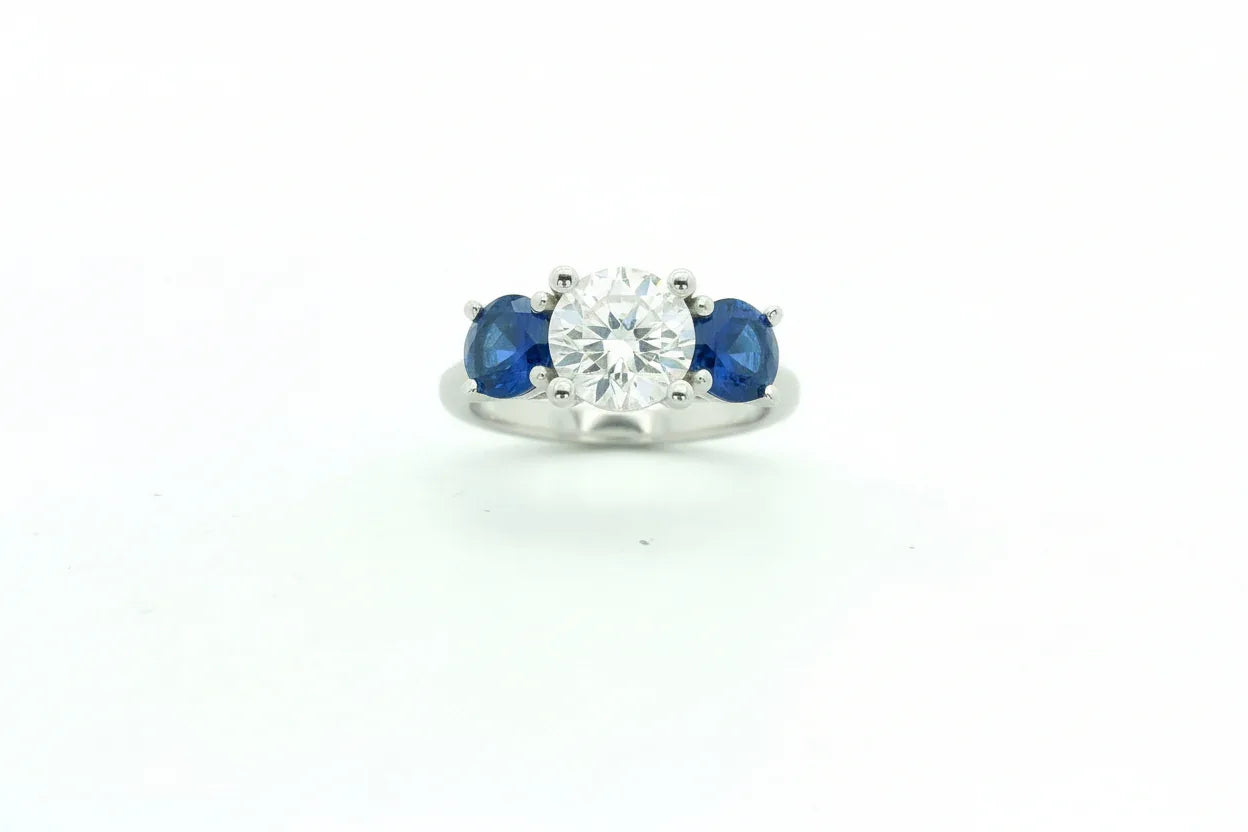 Platinum Three Stone Diamond and Sapphire Ring