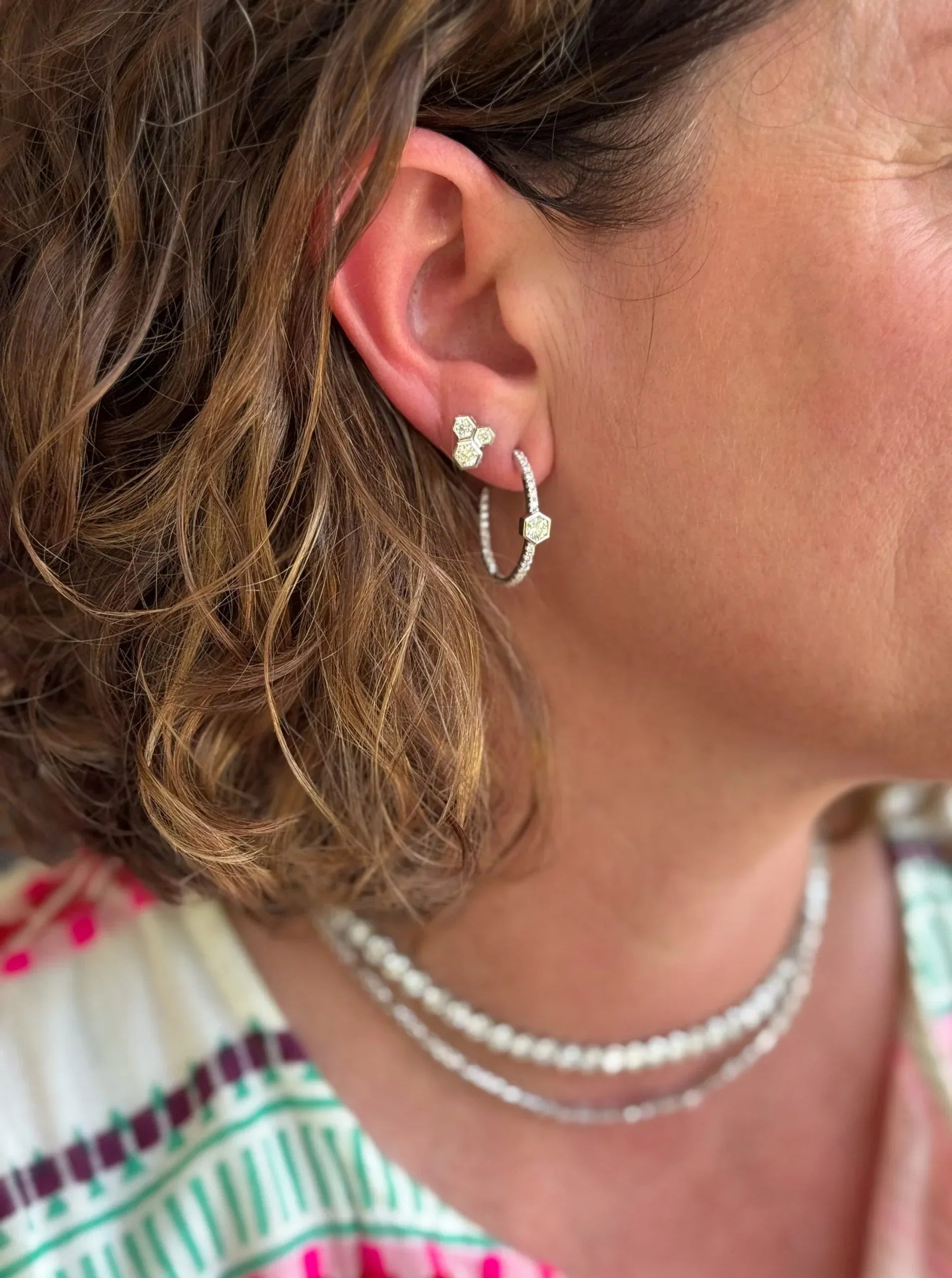 White Gold Hex Cluster Earrings