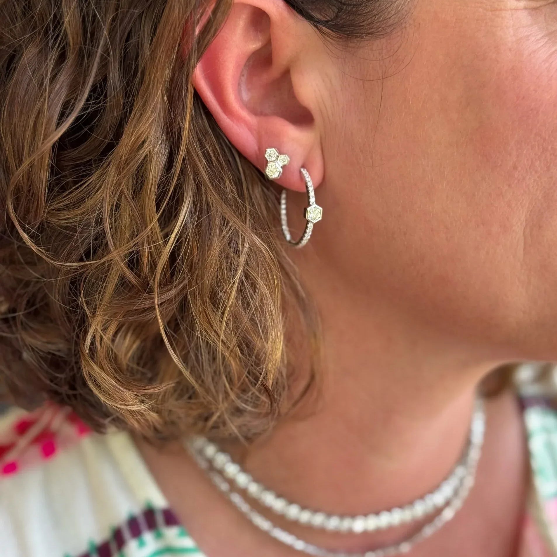 White Gold Center Hex Diamond Hoop