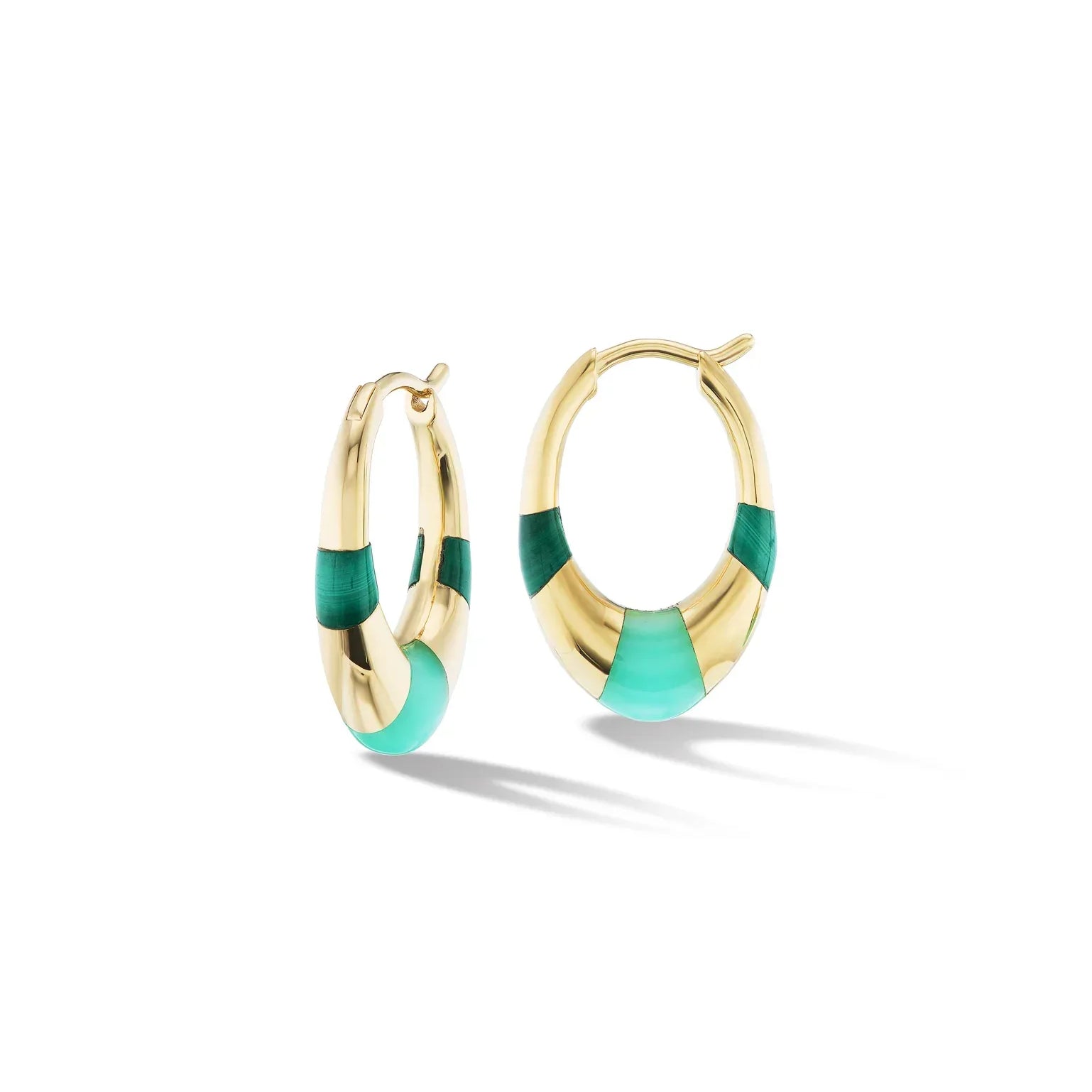 18 karat Yellow Gold, Malachite and Chrysoprase Hoop Earrings