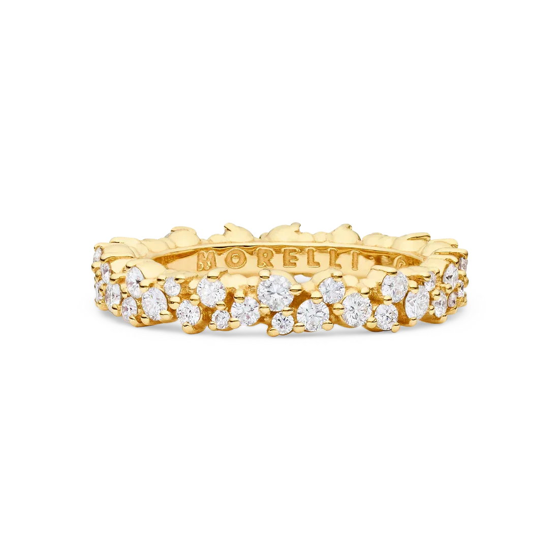 The Paul Morelli Confetti Ring Small is a dazzling 18k yellow gold band, featuring an intricate design with round diamonds and an inner Paul Morelli engraving, shown on a plain white background.