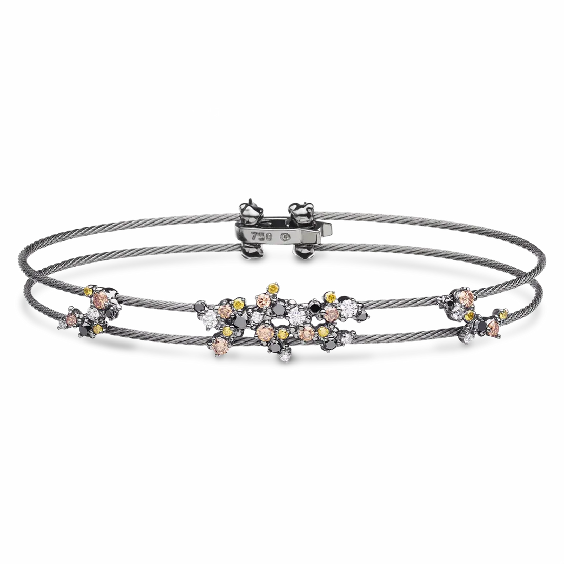 Multistrand bracelet with floral charm on a white background