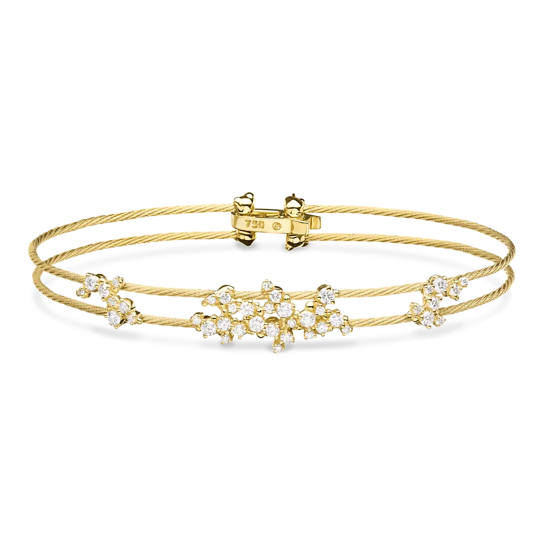 Gold bracelet with diamond accents on a white background