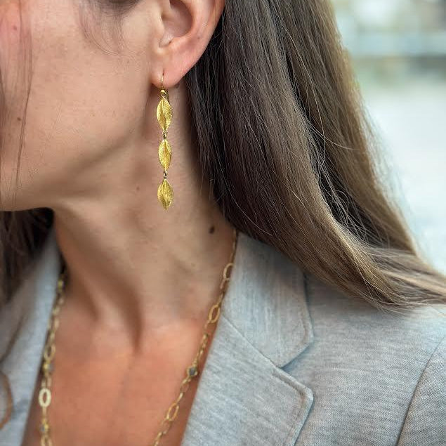 Yellow Gold Triple Drop Cylinder Earrings