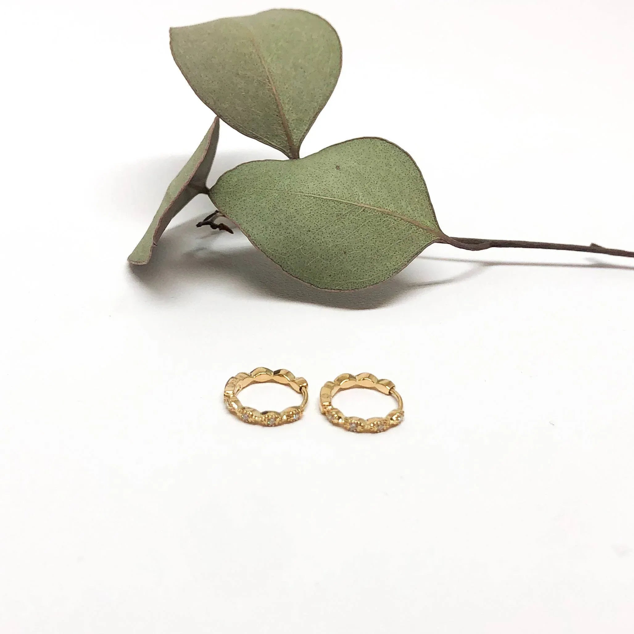 Yellow Gold and Diamond Milligrain Mini Hoops