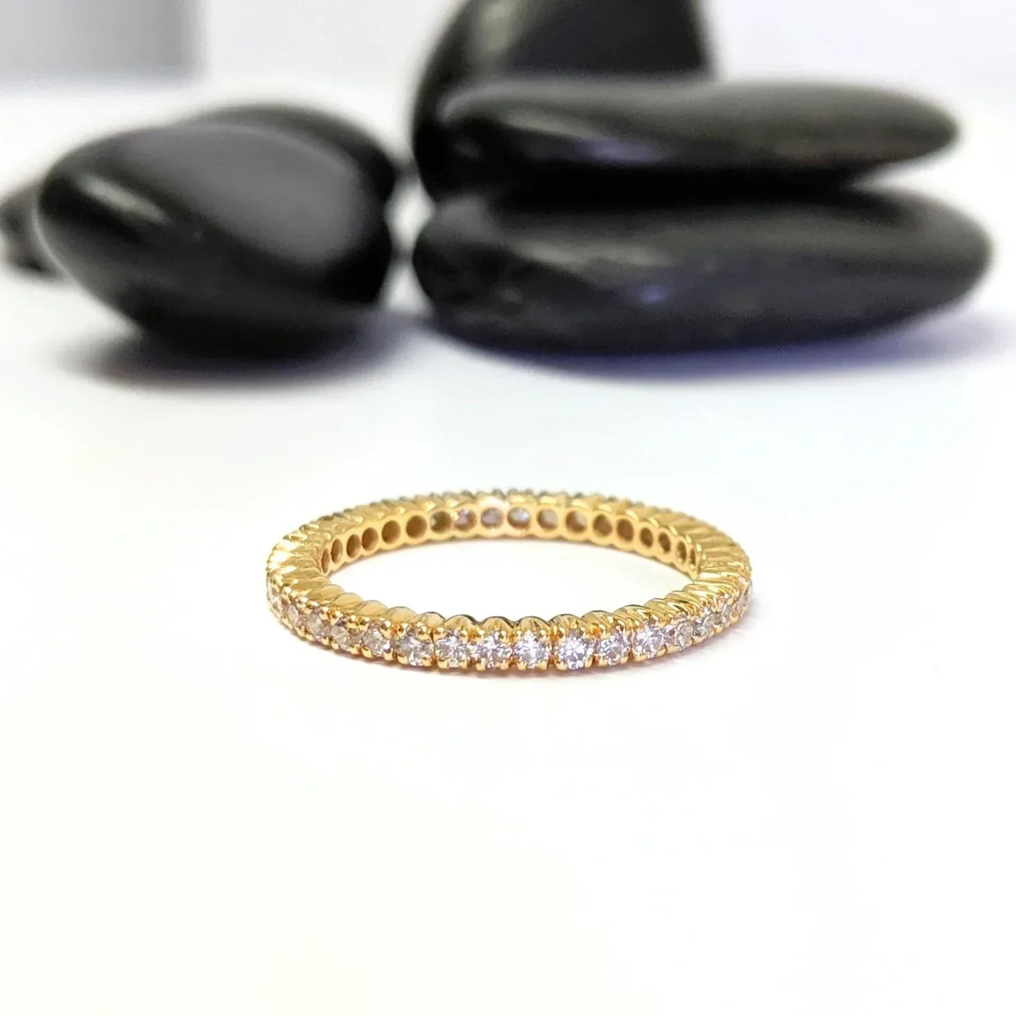 Yellow Gold, White Diamond Prong Set Eternity Band