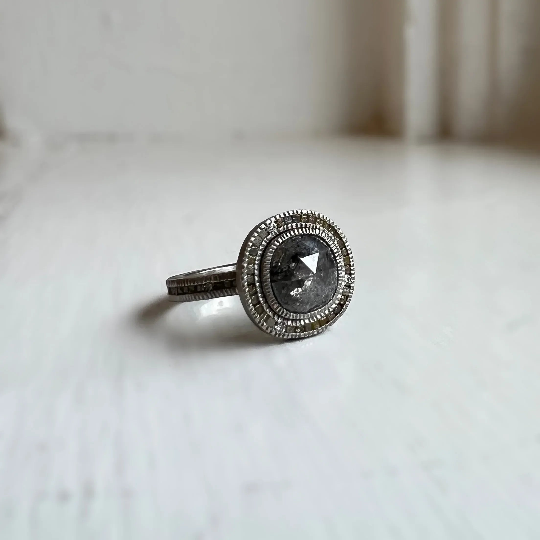 Palladium Rose Cut Gray Diamond Ring