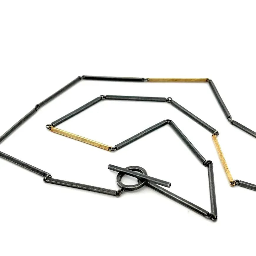 18 karat Yellow Gold and Oxidized Sterling Silver Bar Chain Necklace