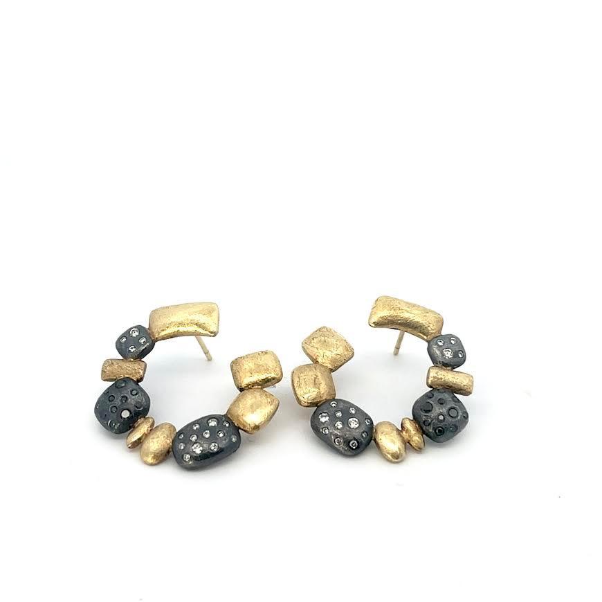 18 karat Yellow Gold, Oxidized Sterling Silver and Diamond Earrings