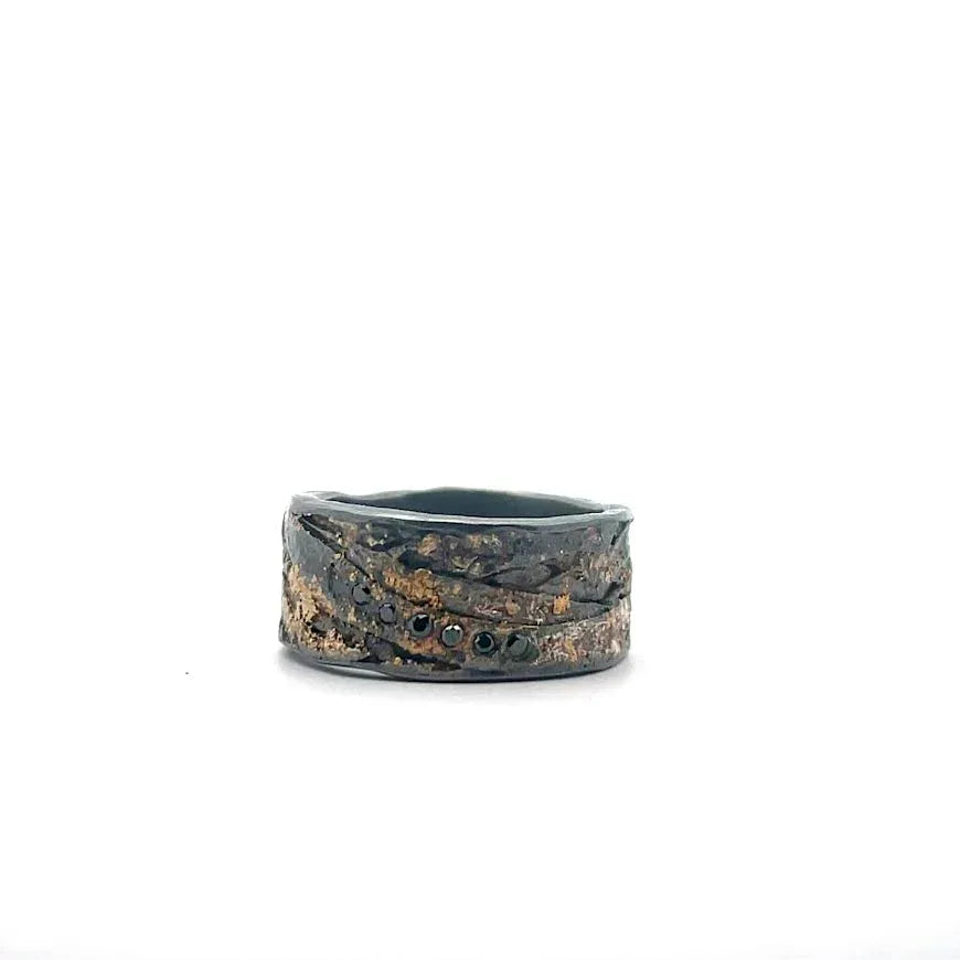 22 karat Yellow Gold, Oxidized Sterling Silver and Diamond Band