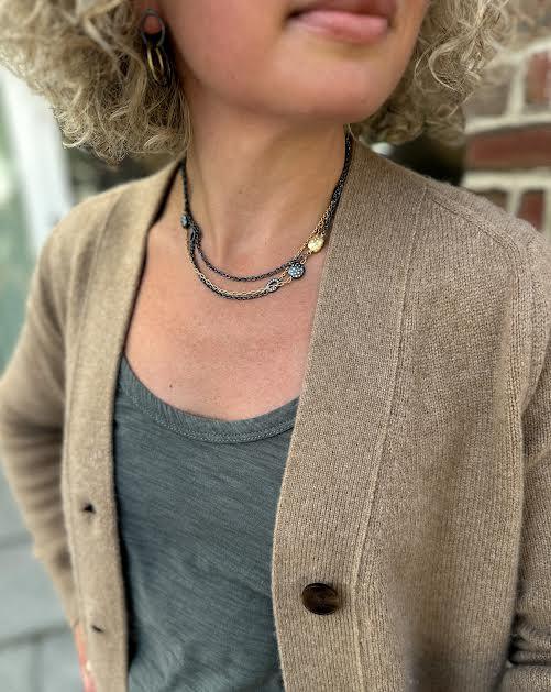 18 karat Yellow Gold, Oxidized Sterling Silver and Diamond Necklace Necklace