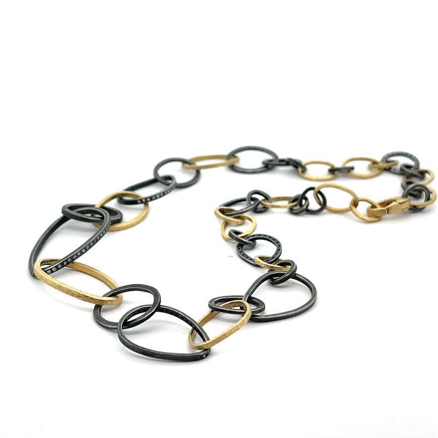 Diamond, 18 karat Yellow Gold and Oxidized Silver Chain Link Necklace
