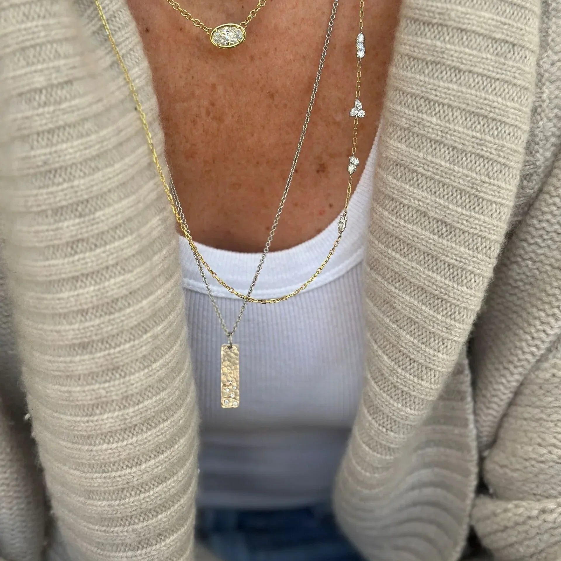 Platinum Diamond Hammered Bar Pendant