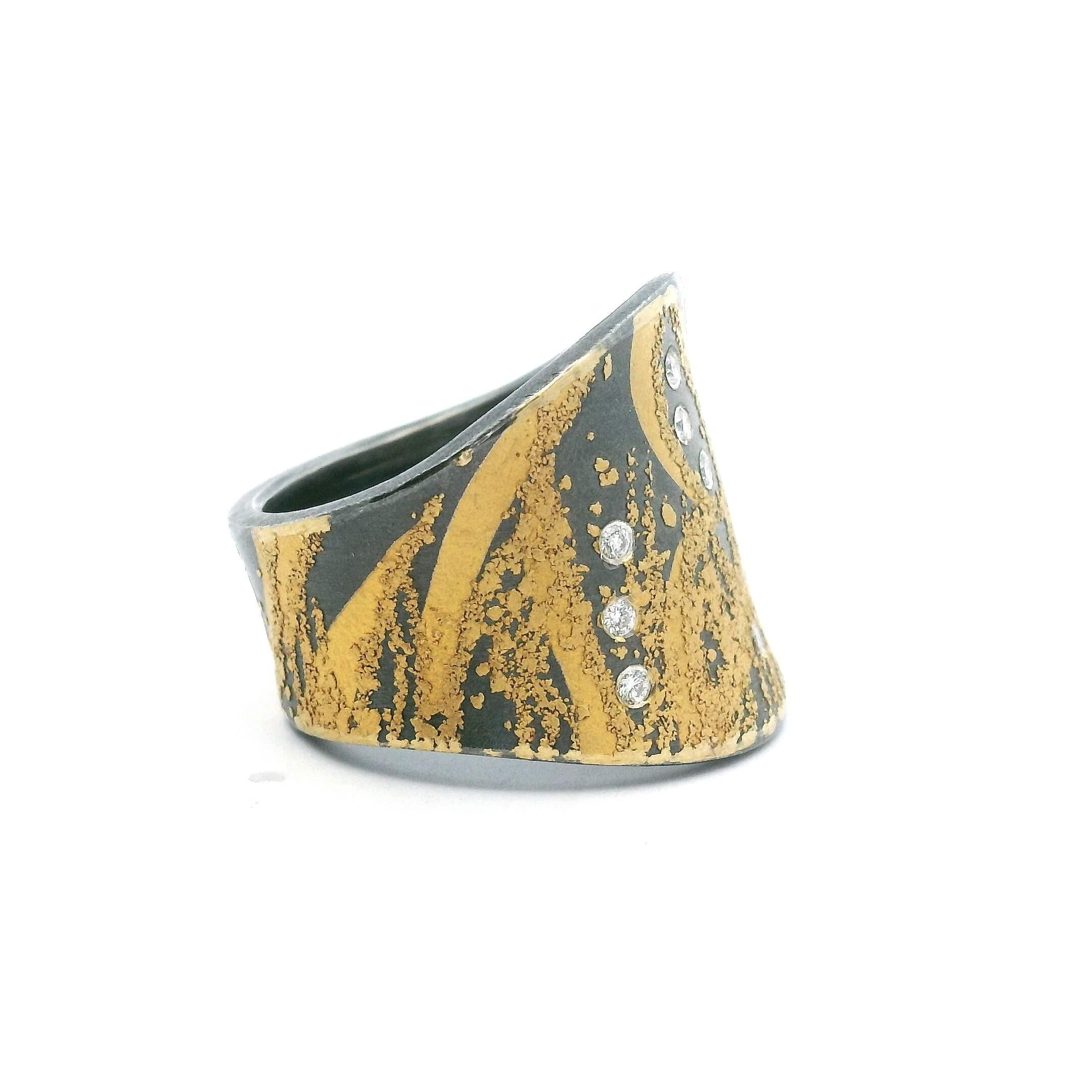 Yellow Gold Oxidized Sterling Silver Diamond Ring
