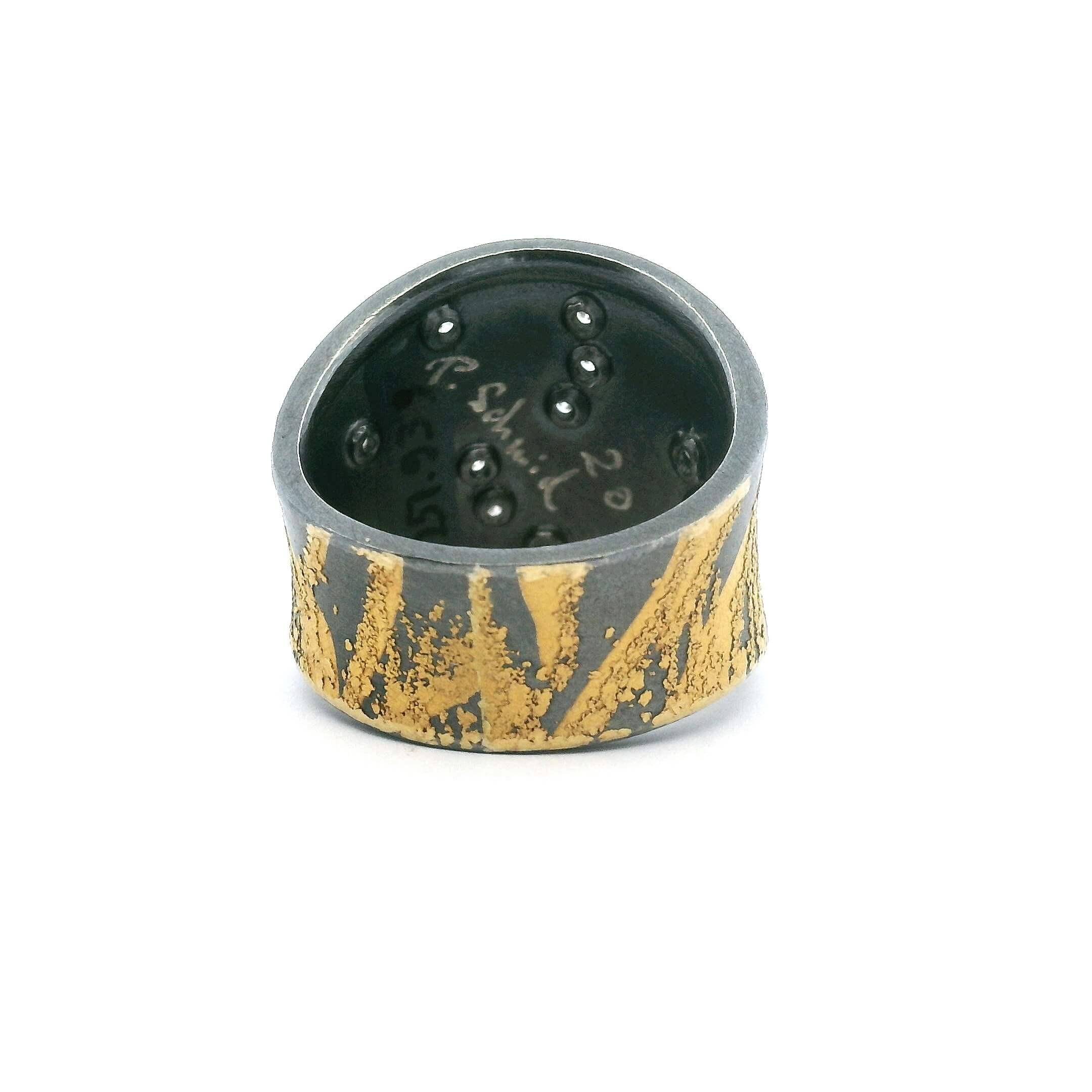 Yellow Gold Oxidized Sterling Silver Diamond Ring