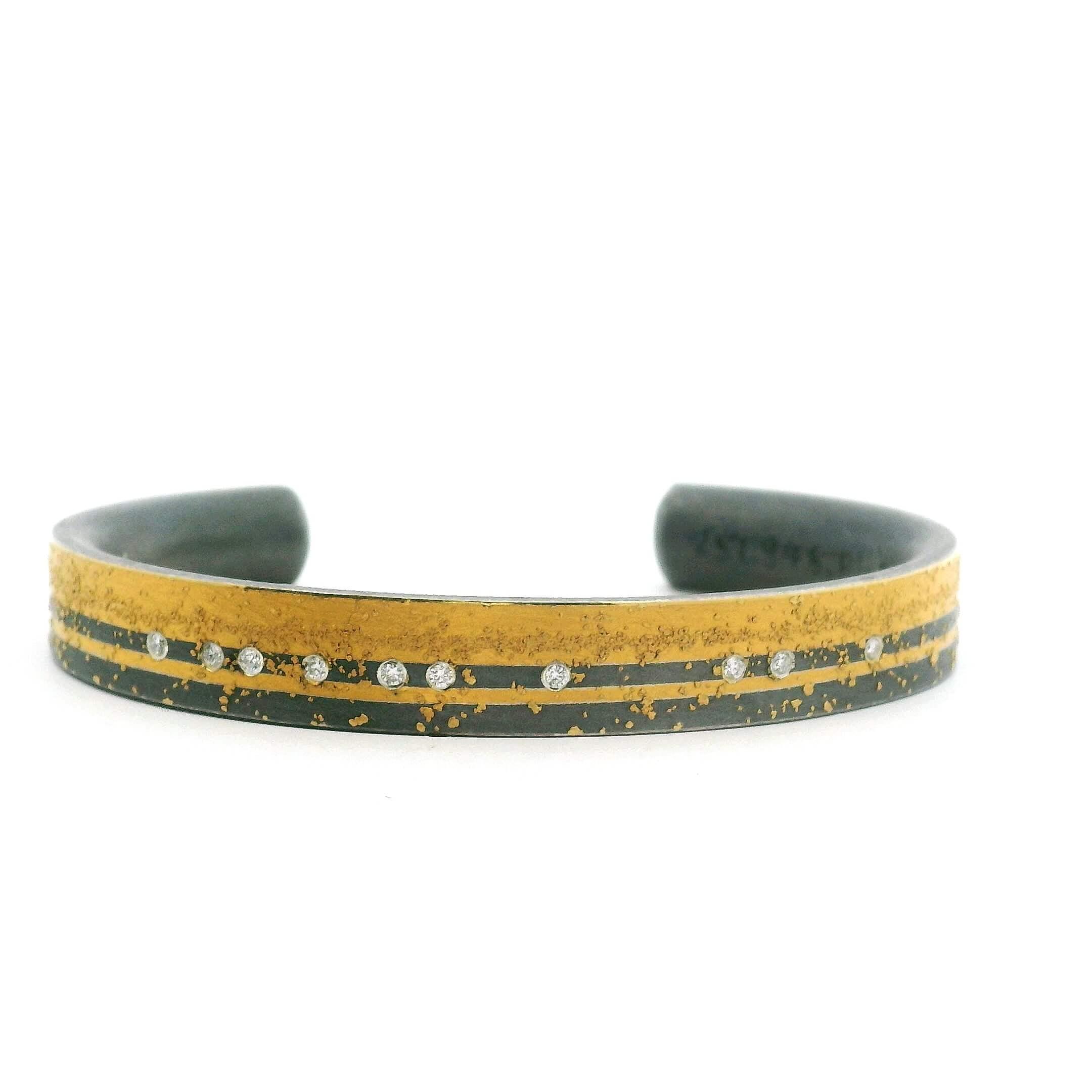 Yellow Gold, Oxidized Silver and Diamond Cuff