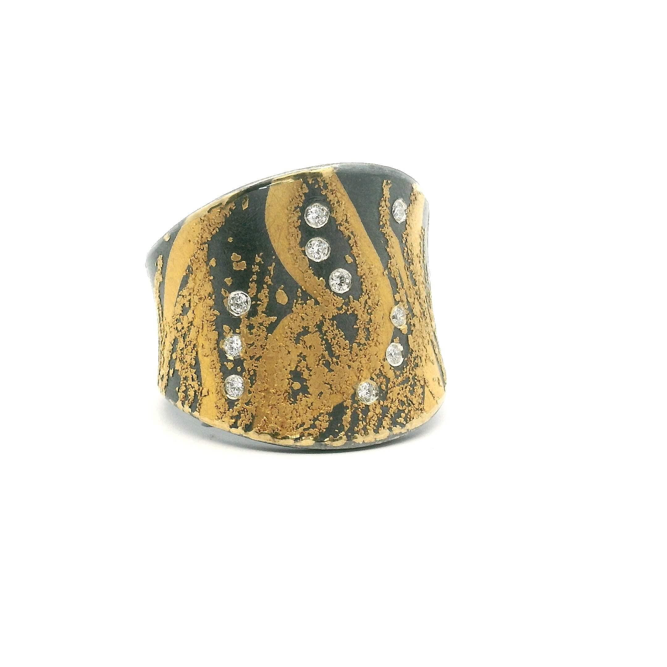 Yellow Gold Oxidized Sterling Silver Diamond Ring