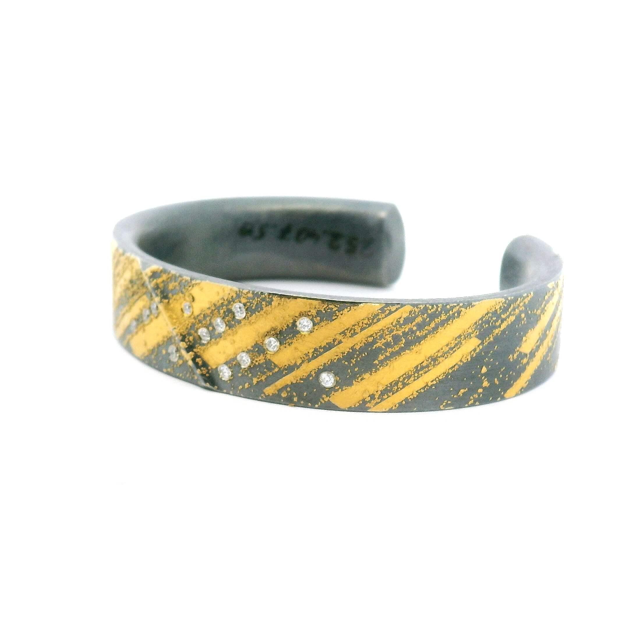 Yellow Gold, Oxidized Silver and Diamond Diagonal Striped Cuff