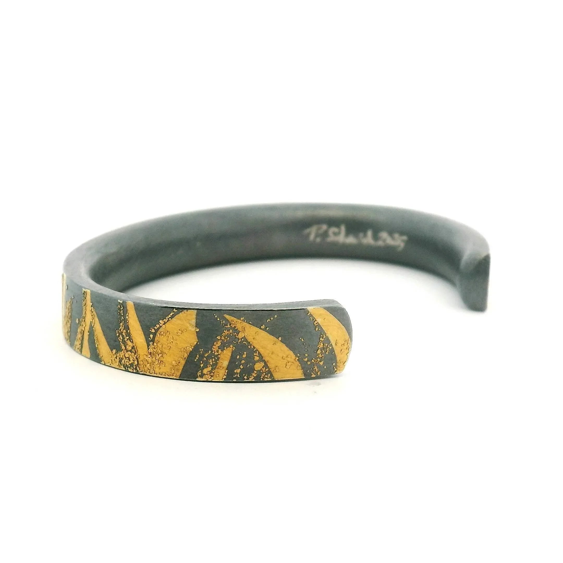 Yellow Gold and Oxidized Silver and Diamond Cuff Bracelet