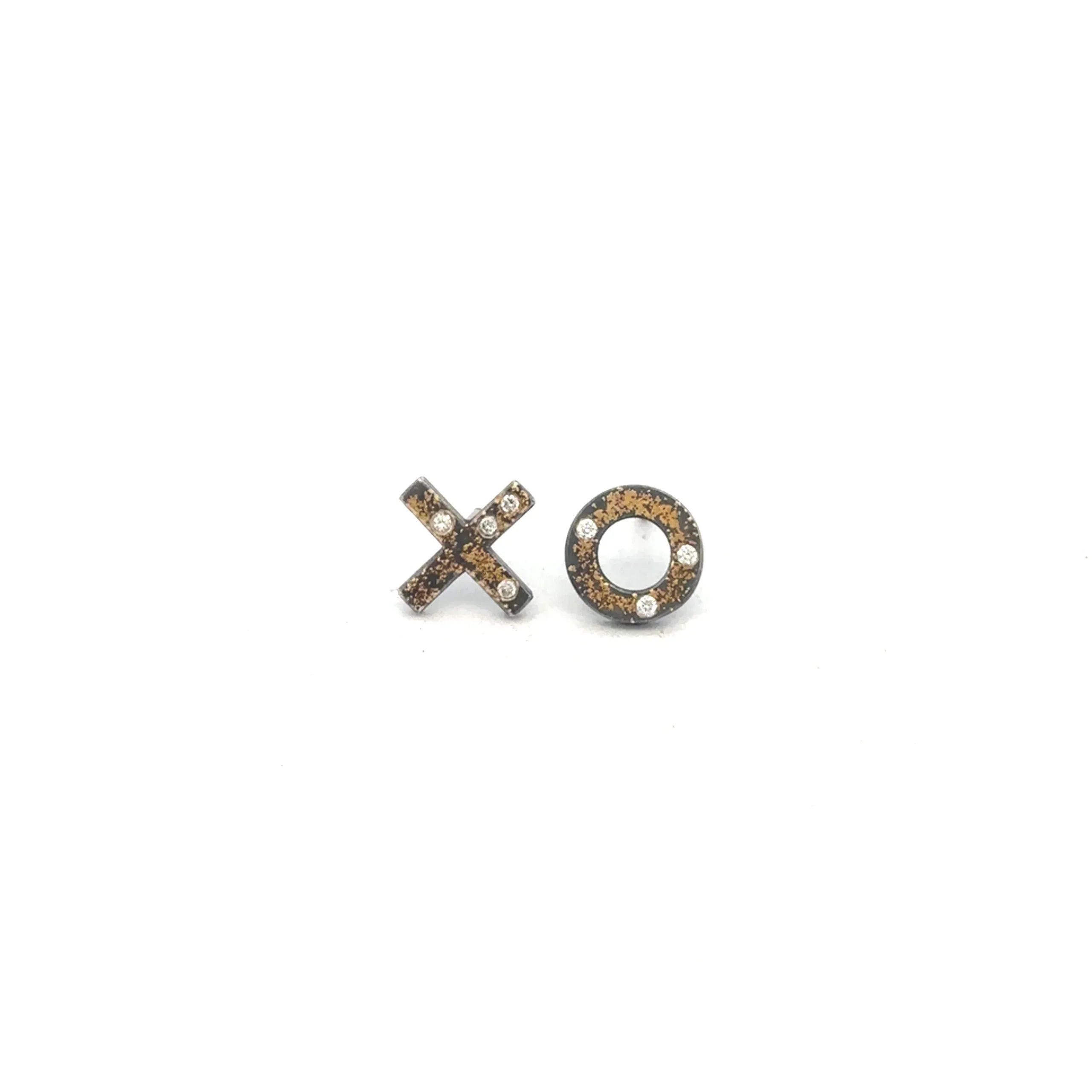 Oxidized Silver and 24 Karat Gold "XO" Diamond Studs