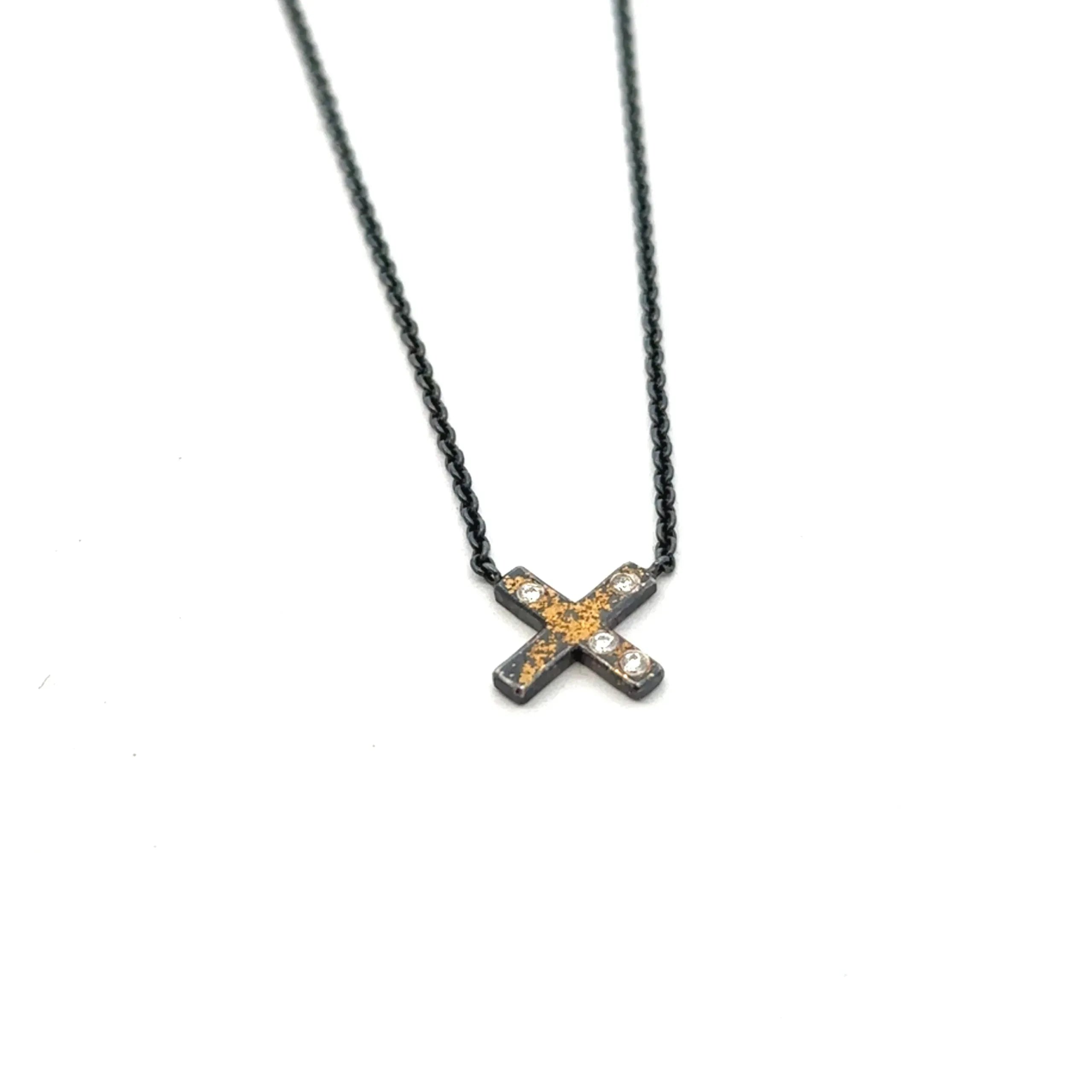 Oxidized Silver "X" Pendant with Gold and Diamonds