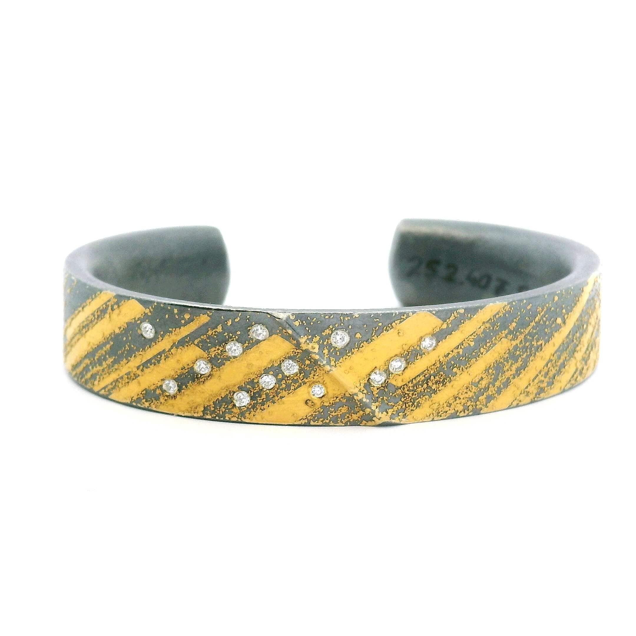 Yellow Gold, Oxidized Silver and Diamond Diagonal Striped Cuff