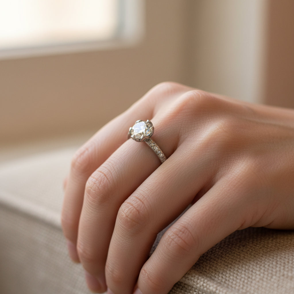 Platinum Diamond Ring design By Adel Chefridi on a womens hand with soft light and fabricate under the hand that is part of a couch