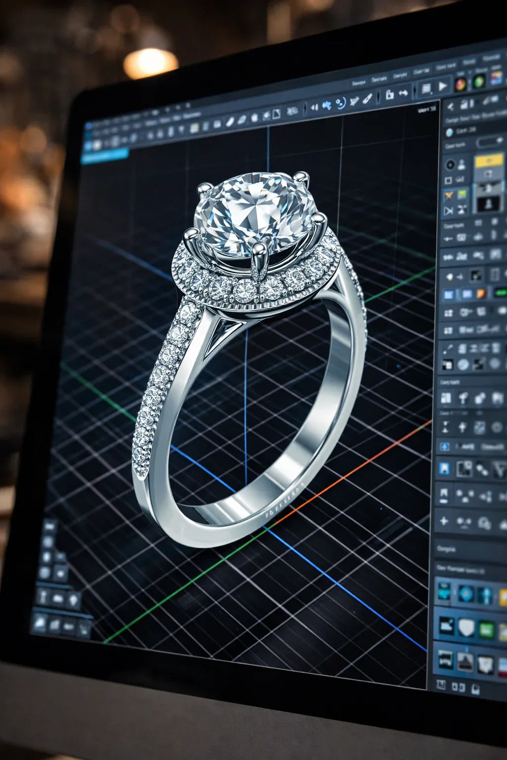 A realistic 3D-rendered gold engagement ring with a round-cut center stone