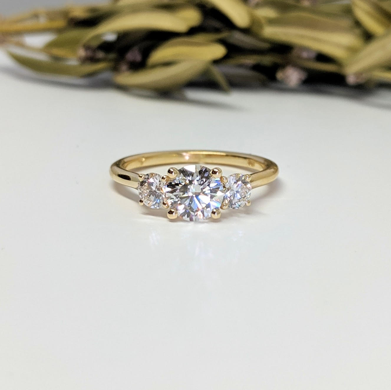 Three stone diamond ring with green plant in the background