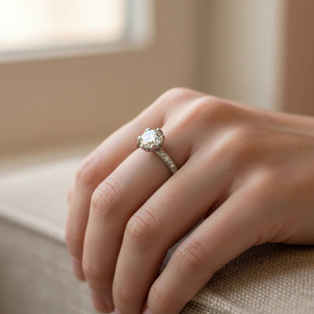 Person in a sweater sitting in an Adirondack chair drinking coffee with a beautiful silver colored ring on