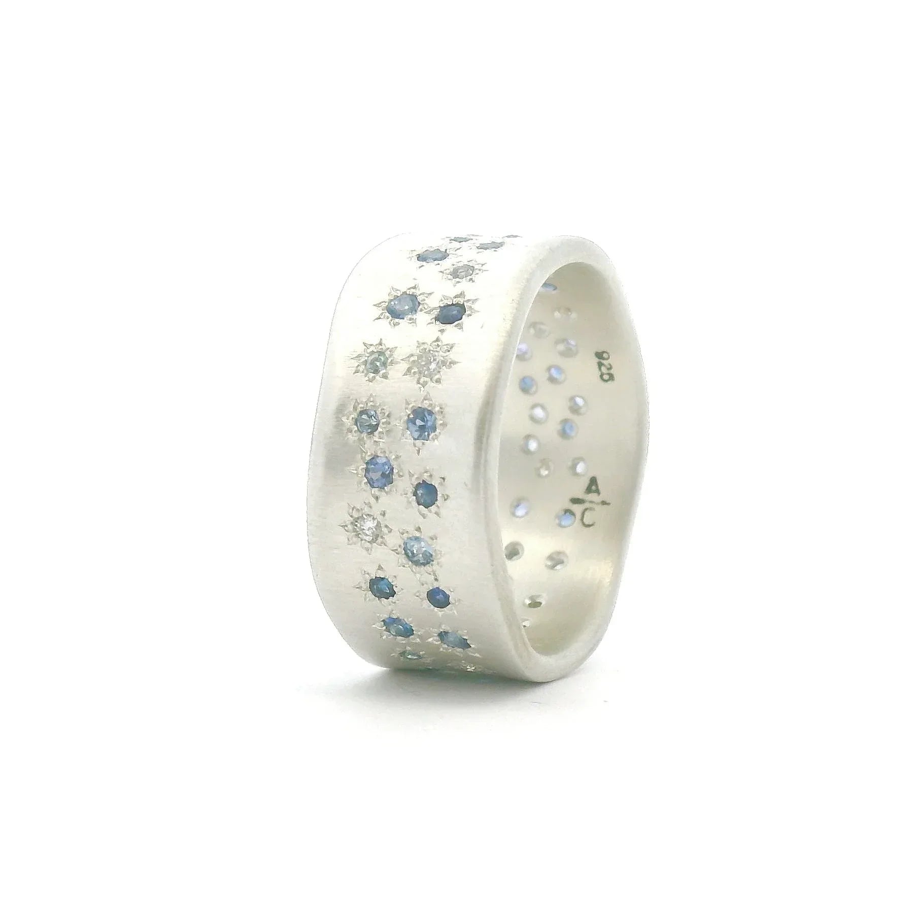 Sterling Silver Wide Band With Aqua, Diamond and Sapphire