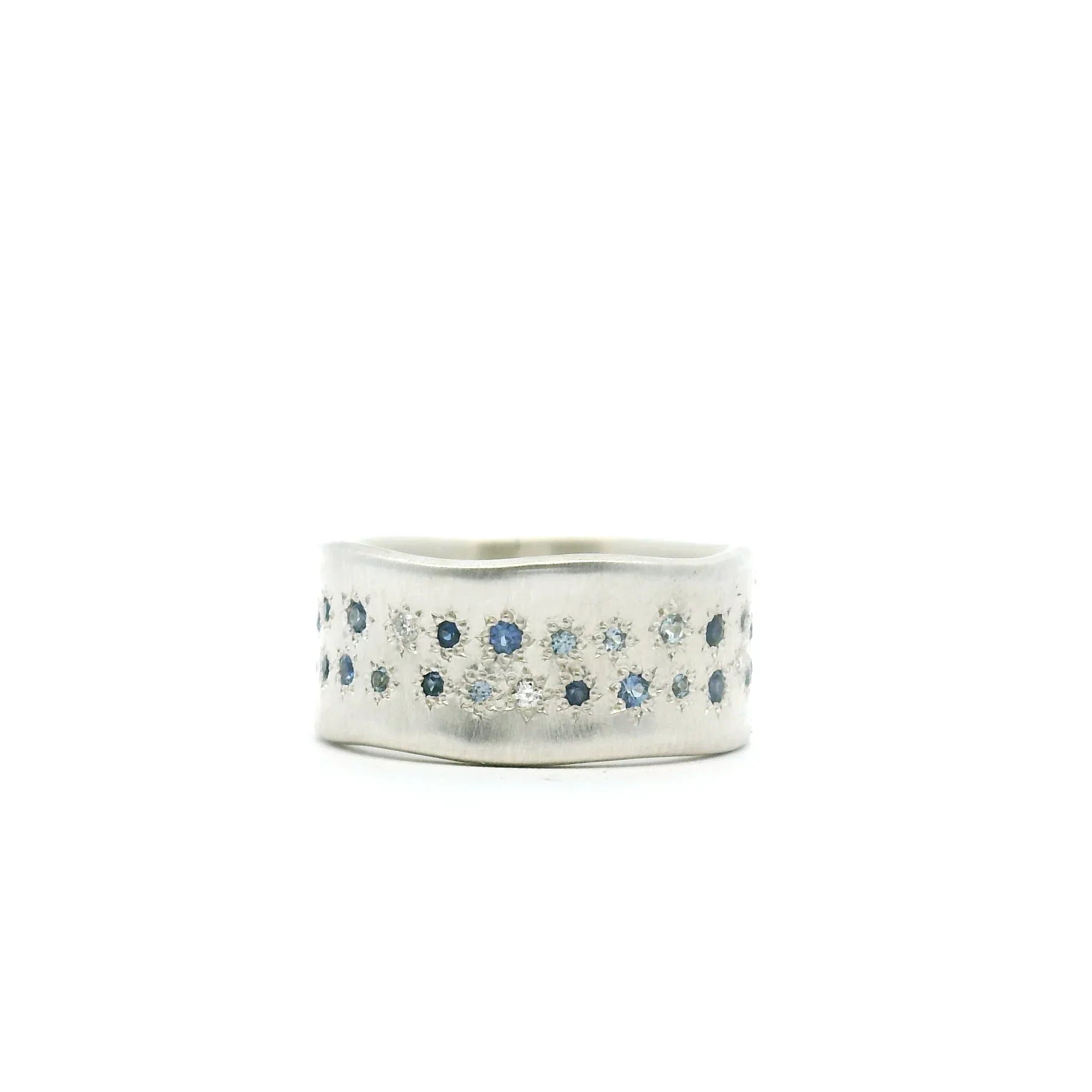 Sterling Silver Wide Band With Aqua, Diamond and Sapphire