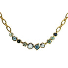 Necklace with gold chain and multicolored gemstones on a white background