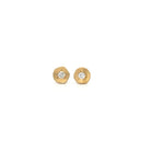 The Ali Dumont Everyday Diamond Stud Earrings feature small, round 18k yellow gold with a hammered texture and a central sparkling diamond, shown against a plain white background.