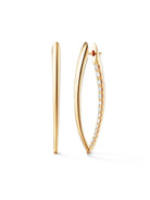 A pair of marquise-shaped Yellow Gold and Diamond Hinged Hoop Earrings. One earring shows a side view with a row of sparkling diamonds; the other displays the front of the diamond hoop.