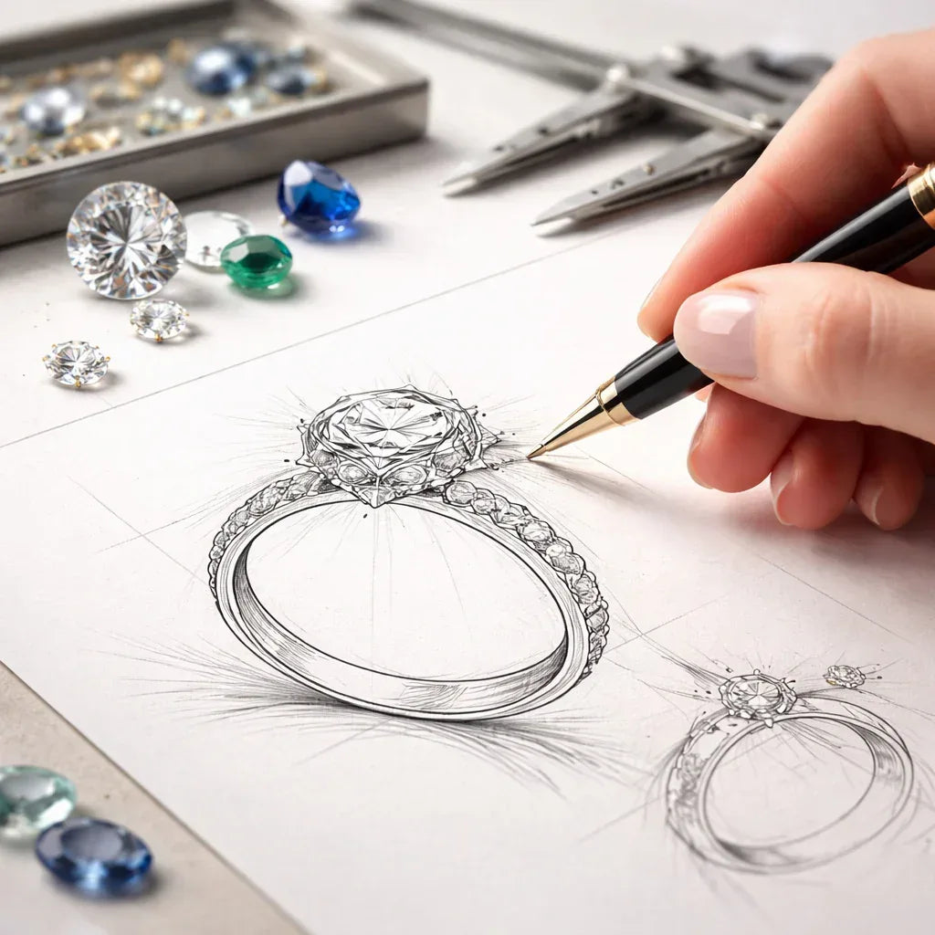 Designer sketching a diamond ring on paper with gemstones and tools in the background