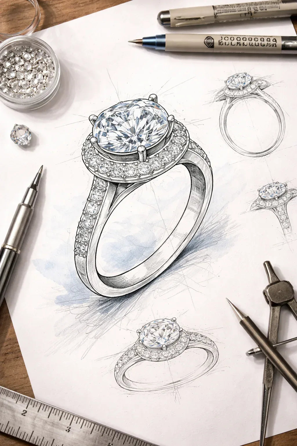Diamond ring design on paper with drafting tools