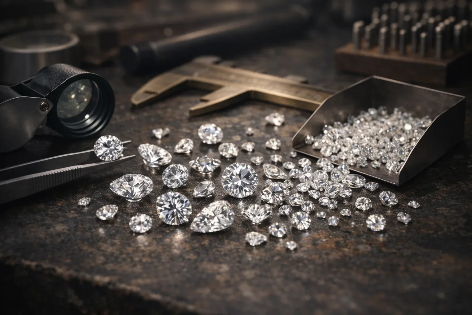 Diamonds on a dark surface with jewelry tools in the background