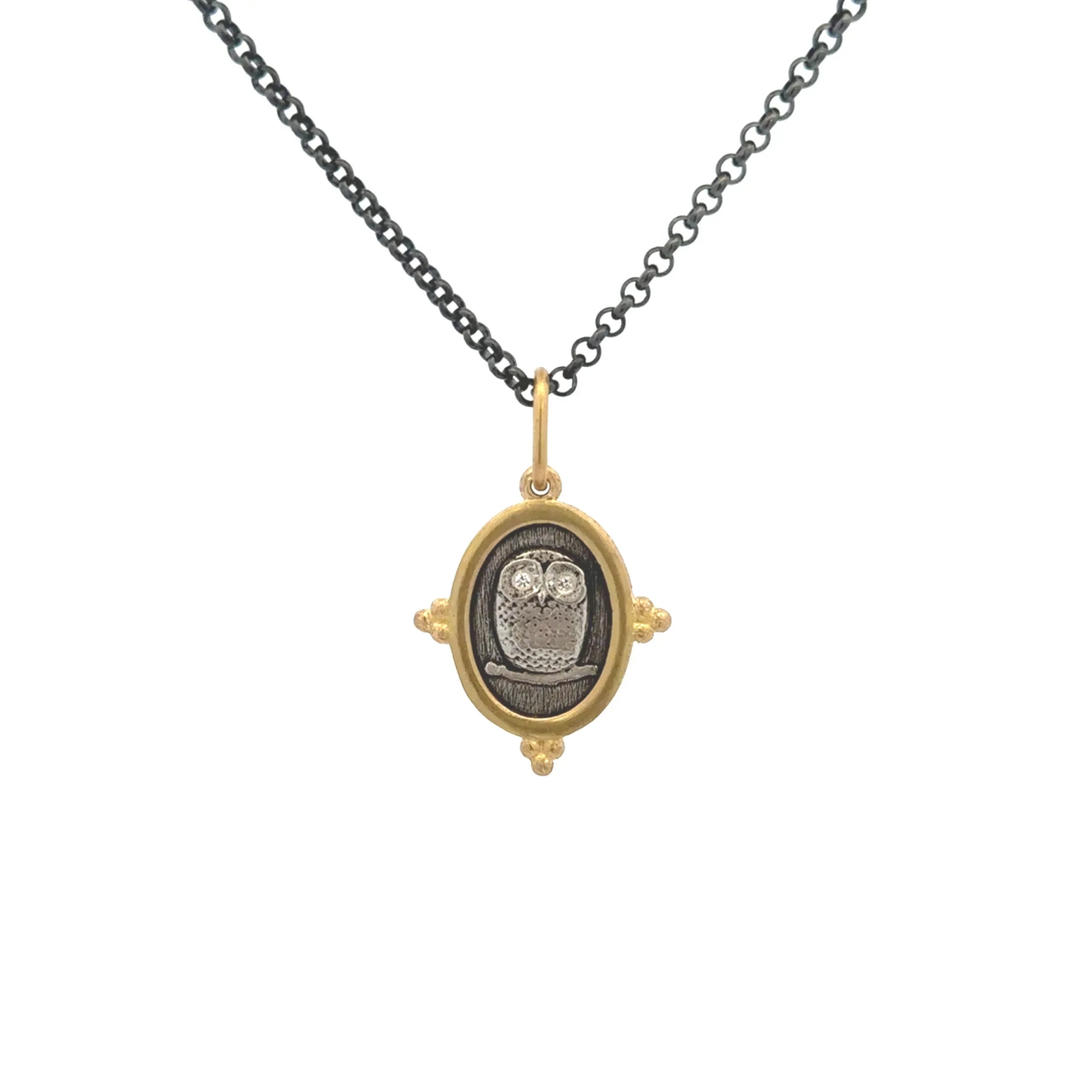 18 Karat Yellow Gold and Silver Owl Cham